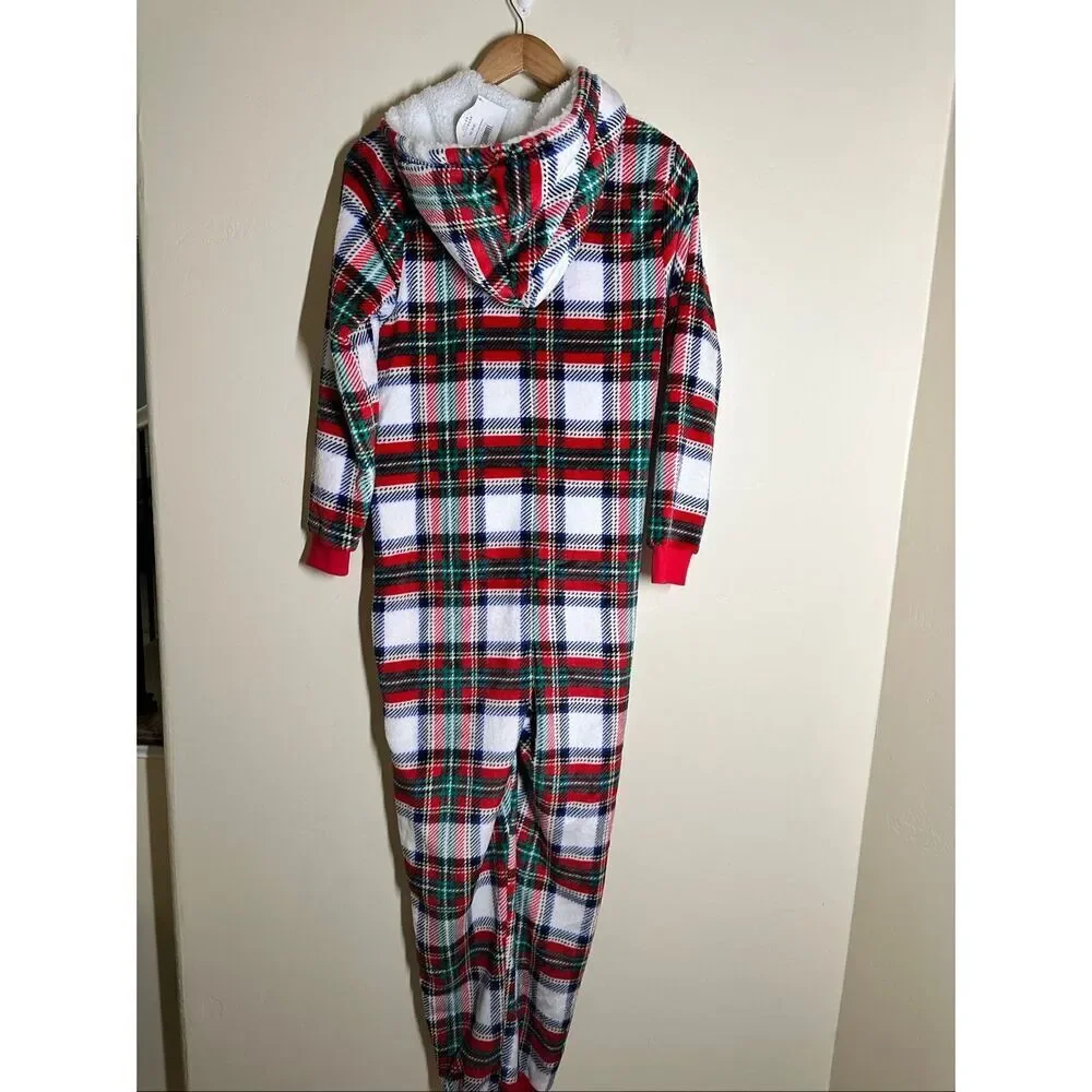 Holiday Time Red White and Green Plaid Pajama One Piece Size XS New